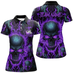 Maxcorners Custom Bowling Polo Shirts Men Purple Flame Skull Team Bowling Jerseys Halloween Bowler Outfits LM2509