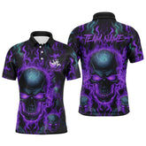 Maxcorners Custom Bowling Polo Shirts Men Purple Flame Skull Team Bowling Jerseys Halloween Bowler Outfits LM2509