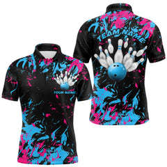 Maxcorners Black, Blue And Pink Custom Bowling Team Men Polo Shirts, Bowling Ball And Pin Jerseys LM2608
