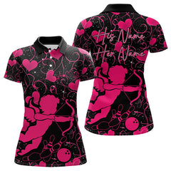 Maxcorners Black And Pink Custom Valentines Day Bowling Polo Shirts, Bowling Couple Shirt