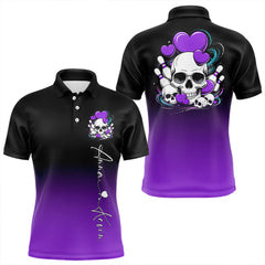 Maxcorners Custom Black And Purple Skull Valentines Day Couple Bowling Polo Shirts For Men