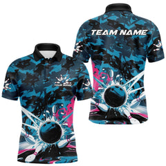 Maxcorners Custom Blue And Pink Camo Bowling Polo Shirts For Men, Camouflage Bowling Team Outfit LM1109