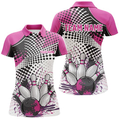 Maxcorners Bowling Ball And Pins Pink League Customized Name, Team Anme 3D Polo Shirt