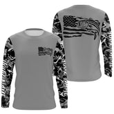 Maxcorners Gray Camo Us Flag Striped Bass Custom Patrotic Long Sleeve Fishing Shirt, Striper Fishing Jersey