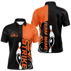 Maxcorners Custom Black And Orange Flame Strike Bowling Men Polo Shirt, Bowling Tournament Shirt