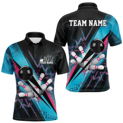 Maxcorners Custom Blue And Pink Synthwave Style Bowling Polo Shirts For Men, Team Bowling League Shirt TU2107