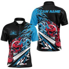 Maxcorners Custom Blue And Red Flame Skull Bowling Polo Shirt For Men, Halloween Bowling Jersey LM1809
