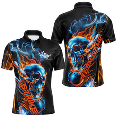 Maxcorners Custom Blue And Orange Fire Flame Strike Skull Bowling Men Polo Shirt, Halloween Outfit LM1809