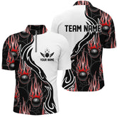 MaxCorners Bowling Ball And Pins Flame Team Jersey Multicolor Option Customized Name, Team Name 3D Stand Collar Zipper Polo Shirt