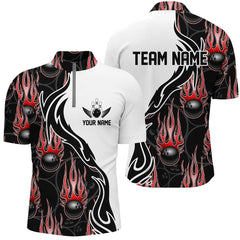 MaxCorners Bowling Ball And Pins Flame Team Jersey Multicolor Option Customized Name, Team Name 3D Stand Collar Zipper Polo Shirt