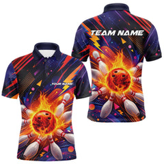 Maxcorners Custom Colorful Fire Flame Bowling Team Men Polo Shirt, Bowling League Shirt