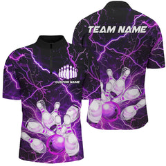 MaxCorners Bowling And Pins Thunder Lightning Strike Customized Name, Team Name 3D Stand Collar Zipper Polo Shirt For Men