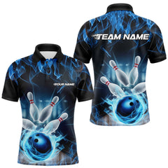 Maxcorners Custom Black And Blue Flame Bowling Team Polo Shirts For Men, Fire Bowling League Shirt LM3006