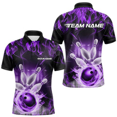 Maxcorners Custom Black And Purple Flame Bowling Team Polo Shirts For Men, Fire Bowling League Shirt LM3006