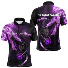 Maxcorners Custom Black And Purple Flame Dragon Bowling Polo Shirts For Men, Dragon Bowling Jerseys Lm243