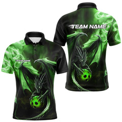 Maxcorners Custom Black And Green Flame Dragon Bowling Polo Shirts For Men, Dragon Bowling Jerseys Lm243