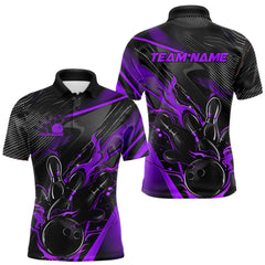 Maxcorners Custom Black And Purple Flame Bowling Team Men Polo Shirts, Fire Bowling Jerseys LM2608