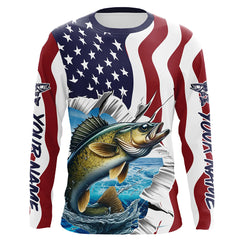 Maxcorners Custom American Flag Walleye Fishing Long Sleeve Shirts, Patriotic Walleye Fishing Jerseys LM2408