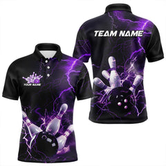 Maxcorners Custom Black And Purple Thunder Lightning Bowling Tournament Polo Shirts For Men