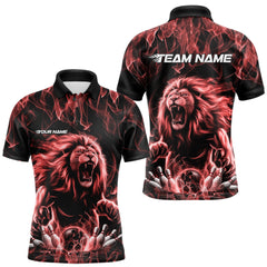 Maxcorners Custom Black And Red Flame Lion Bowling Men Polo Shirts, Lion Bowling Team Uniform LM253