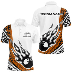 Maxcorners Custom Orange Tribal Polynesian Pattern Men Bowling Shirt, Maori Style Bowling Outfit