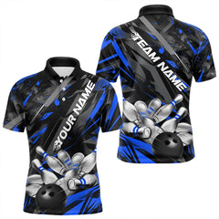 Maxcorners Custom Black And Blue Bowling Polo Shirts For Men, Bowling Tournament Team Uniform