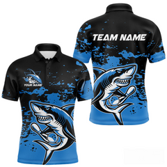 Maxcorners Custom Black And Blue Camo Shark Bowling Team Men Polo Shirts, Bowling Tournament Shirt LM283
