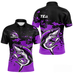 Maxcorners Custom Black And Purple Camo Shark Bowling Team Men Polo Shirts, Bowling Tournament Shirt LM283