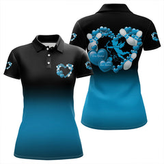 Maxcorners Black And Blue Custom Valentines Day Bowling Polo Shirts For Men, Bowling Couple Shirt