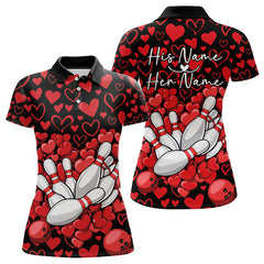 Maxcorners Black And Red Heart Theme Custom Valentines Bowling Polo Shirt For Men, Couple Bowling Shirt