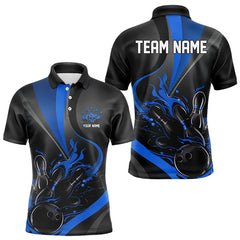 Maxcorners Custom Black And Blue Flame Bowling Polo Shirts For Men, Fire Bowling Team Shirt