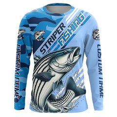 Maxcorners Custom Striped Bass Fishing Long Sleeve Shirts, Striper Saltwater Fishing Jerseys | Blue Camo LM2408