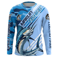 Maxcorners Custom Marlin Fishing Long Sleeve Shirts, Marlin Saltwater Fishing Jerseys | Blue Camo LM2408