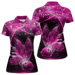 Maxcorners Custom Ethereal Pink Butterfly Bowling Team Women Polo Shirts, Ladies Bowling Outfit LM1112