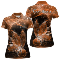 Maxcorners Custom Ethereal Orange Butterfly Bowling Team Women Polo Shirts, Ladies Bowling Outfit LM1112