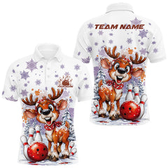 Maxcorners Custom Cute Funny Reindeer Christmas Bowling Men Polo Shirts, Xmas Team Bowling Shirt LM1411