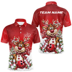 Maxcorners Custom Cute Funny Reindeer Christmas Bowling Men Polo Shirts, Xmas Team Bowling Outfit LM1411