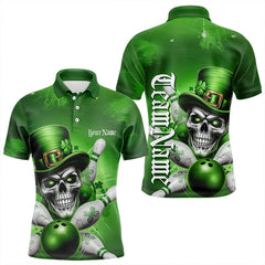 Maxcorners Custom Green Leprechaun Skull St Patricks Day Bowling Polo Shirt For Men, Lucky Bowling Shirt