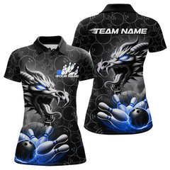 Maxcorners Custom Black And Blue Dragon Bowling Men Polo Shirts, Bowling Pattern Dragon Bowler Outfit LM193
