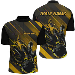 MaxCorners Bowling And Pins Black And Gold Customized Name, Team Name 3D Stand Collar Zipper Polo Shirt For Men