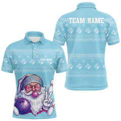 Maxcorners Custom Funny Santa Christmas Men Bowling Polo Shirts, Light Blue Xmas Team Outfit TU1711