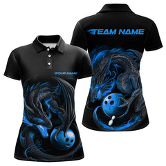 Maxcorners Custom Black And Blue Flame Dragon Bowling Polo Shirts For Men, Bowling Tournament Team Shirt