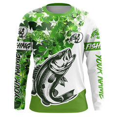 Maxcorners Custom Name St Patrick'S Day Bass Long Sleeve Fishing Shirts, Patriotic Bass Fishing Jerseys LM2408