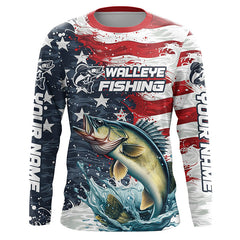 Maxcorners Custom Walleye Fishing American Flag Long Sleeve Fishing Shirts, Patriotic Walleye Fishing Shirts LM2408