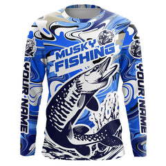 Maxcorners Custom Musky Long Sleeve Tournament Fishing Shirts, Water Camo Muskie Fishing Jerseys | Blue LM2408