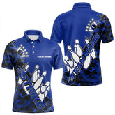 Maxcorners Custom Blue Camo Strike Bowling Polo Shirts For Men, Strike Team Bowling League Shirt Shirt