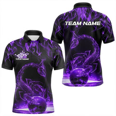 Maxcorners Custom Black And Purple Flame Scorpio Zodiac Bowling Men Polo Shirts, Scorpion Bowling Team LM243