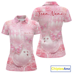 Maxcorners Custom Elegant Roses And Butterfly Women Bowling Polo Shirts, Ladies Bowling Shirt 4 LM2512