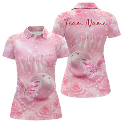 Maxcorners Custom Elegant Roses And Butterfly Women Bowling Polo Shirts, Ladies Bowling Shirt 1 LM2512