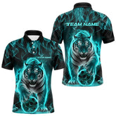 Maxcorners Custom Black And Cyan Flame Tiger Bowling Team Polo Shirts For Men, Fire Bowling Jerseys